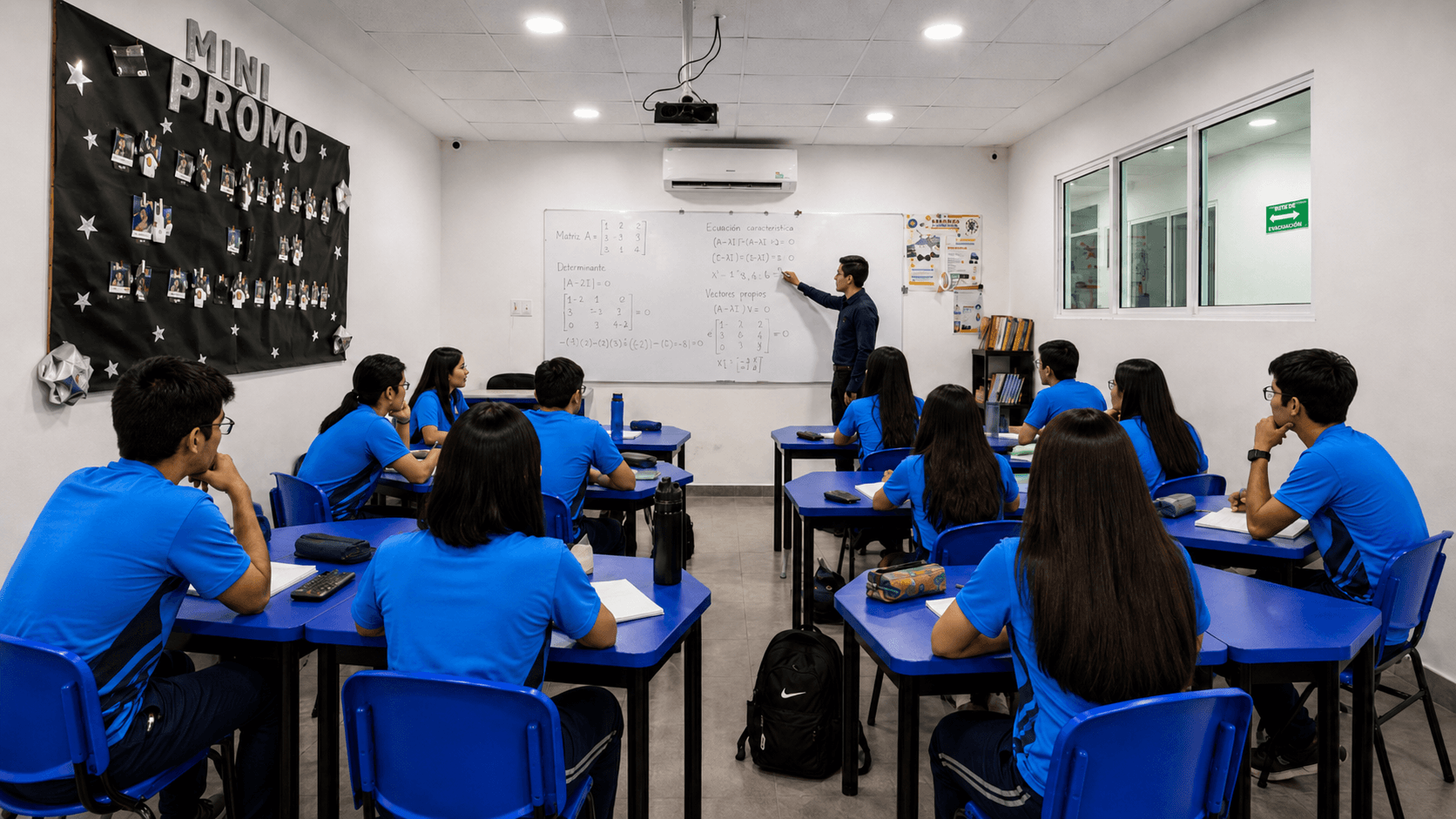 Profesor explica un ejercicio de matemáticas frente a un grupo de estudiantes